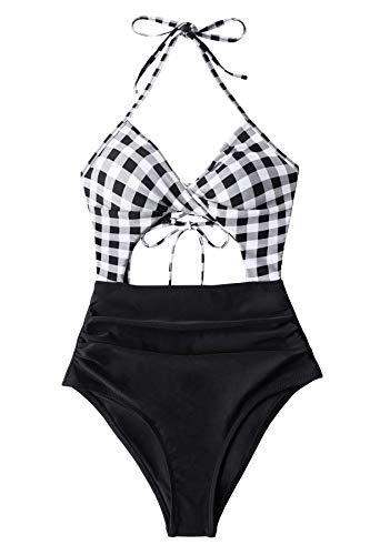 CUPSHE Women's Black Floral Print Halter Cutout High Waist One Piece Swimsuit