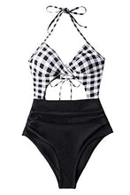 
                        
                          Load image into Gallery viewer, CUPSHE Women's Black Floral Print Halter Cutout High Waist One Piece Swimsuit
                        
                      