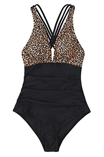 CUPSHE Women's One Piece Swimsuit V Neck Tummy Control Cross Back Vintage Swimwear Bathing Suits