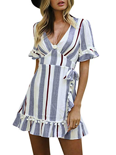 Simplee Women Sexy Deep V-Neck Short Sleeve Striped Print Mini A Line Dress