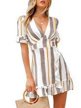 
                        
                          將圖片載入圖庫檢視器 Simplee Women Sexy Deep V-Neck Short Sleeve Striped Print Mini A Line Dress
                        
                      
