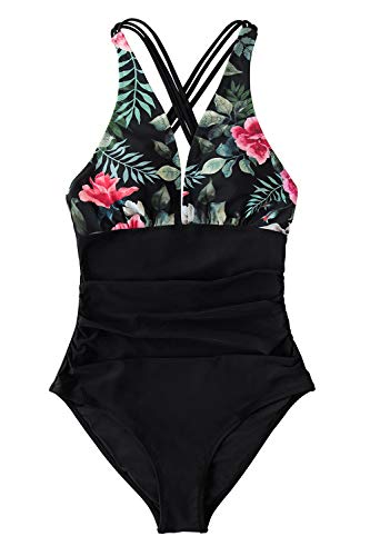 CUPSHE Women's One Piece Swimsuit V Neck Tummy Control Cross Back Vintage Swimwear Bathing Suits