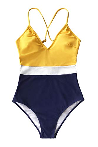 CUPSHE Women's One Piece Swimsuit V Neck Cross Back Color Block Beach Swimwear Bathing Suits