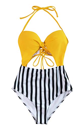 CUPSHE Women's Black Floral Print Halter Cutout High Waist One Piece Swimsuit