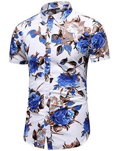 LEFTGU Men's Slim fit Floral Printed Beach Hawaiian Button-Down Dress Shirt