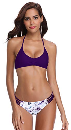SHEKINI Women's Floral Printing Cutout Strappy Halter Swimsuits Bikini Suits