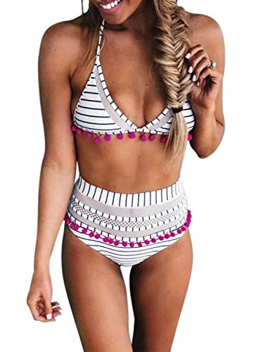 Bdcoco Women's High Waist Two Pieces Bikini Set Padded Stripe Tassel Swimsuit