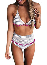 
                        
                          Cargar imagen en el visor de la galería, Bdcoco Women's High Waist Two Pieces Bikini Set Padded Stripe Tassel Swimsuit
                        
                      