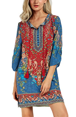 Women Bohemian Neck Tie Vintage Printed Ethnic Style Summer Shift Dress