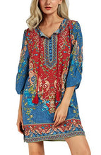 
                        
                          Load image into Gallery viewer, Women Bohemian Neck Tie Vintage Printed Ethnic Style Summer Shift Dress
                        
                      