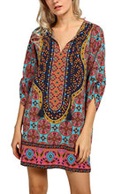 
                        
                          Load image into Gallery viewer, Women Bohemian Neck Tie Vintage Printed Ethnic Style Summer Shift Dress
                        
                      