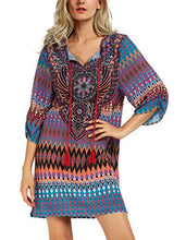 
                        
                          Load image into Gallery viewer, Women Bohemian Neck Tie Vintage Printed Ethnic Style Summer Shift Dress
                        
                      
