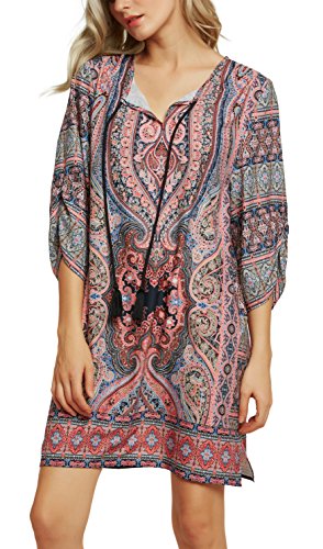 Women Bohemian Neck Tie Vintage Printed Ethnic Style Summer Shift Dress