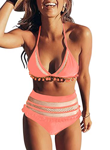 Bdcoco Women's High Waist Two Pieces Bikini Set Padded Stripe Tassel Swimsuit