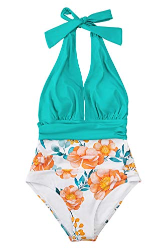 CUPSHE Women's One Piece Swimsuit Halter Plunge Neck Ruched Tummy Control Bathing Suits