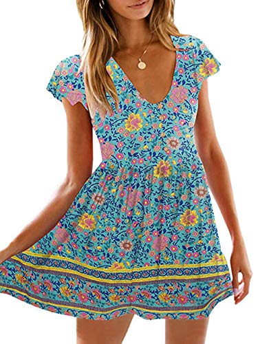 KIRUNDO Women’s  Summer Hot Short Sleeve V-Neck High Waist Floral Print Mini Sun Dress