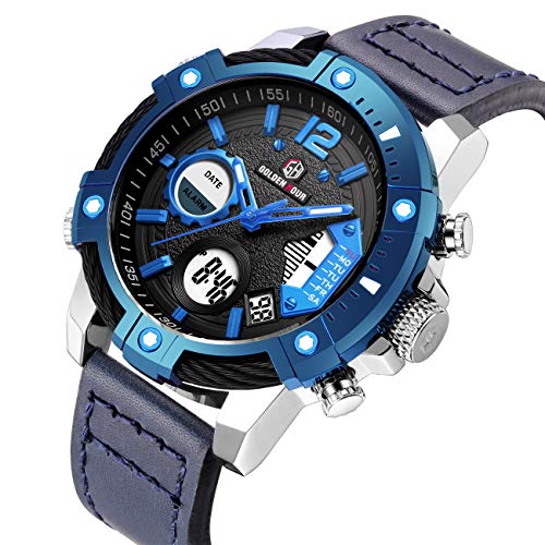 Mens Sport Watch Digital Analog Quartz Waterproof Multifunctional Military Leather Wrist Watches