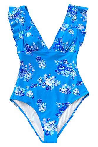 CUPSHE Women's One Piece Swimsuit V Neck Ruched Ruffle Shoulder Swimwear Bathing Suits