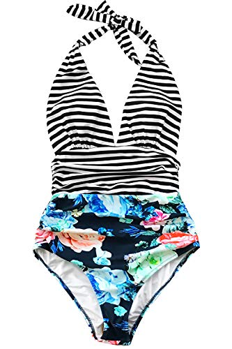 CUPSHE Women's One Piece Swimsuit Halter Plunge Neck Ruched Tummy Control Bathing Suits