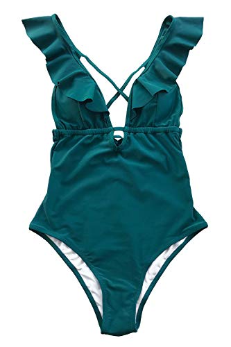 CUPSHE Women's One Piece Swimsuit Ruffle Deep V Neck Strappy Swimwear Bathing Suits
