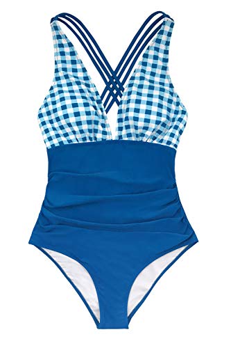 CUPSHE Women's One Piece Swimsuit V Neck Tummy Control Cross Back Vintage Swimwear Bathing Suits