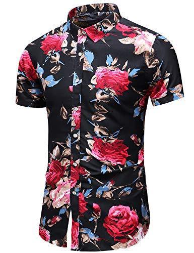 LEFTGU Men's Slim fit Floral Printed Beach Hawaiian Button-Down Dress Shirt
