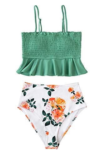 CUPSHE Women's High Waist Bikini Swimsuit Ruffle Smock Floral Print Two Piece Bathing Suit