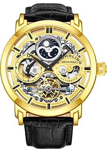 Stührling Original Mens Watch Stainless Steel Automatic, Skeleton Dial, Dual Time, AM/PM Sun Moon,Genuine Leather Strap 371 Watches for Men Series