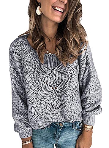Dokotoo Womens Cute Soft Crewneck Long Sleeve Hollow Cable Knit Pullover Sweaters