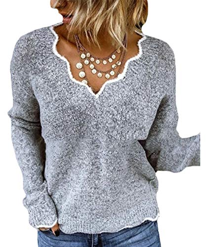 Rungion Womens Long Sleeve V Neck Pullover Sweaters Cute Knitted Winter Oversized Blouse Tops