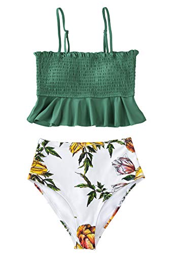 CUPSHE Women's High Waist Bikini Swimsuit Ruffle Smock Floral Print Two Piece Bathing Suit