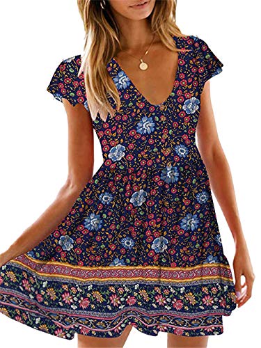 KIRUNDO Women’s  Summer Hot Short Sleeve V-Neck High Waist Floral Print Mini Sun Dress