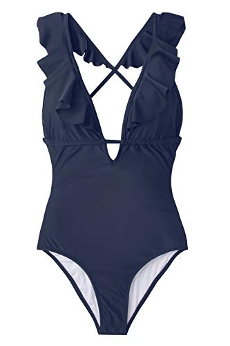 CUPSHE Women's One Piece Swimsuit Ruffle Deep V Neck Strappy Swimwear Bathing Suits