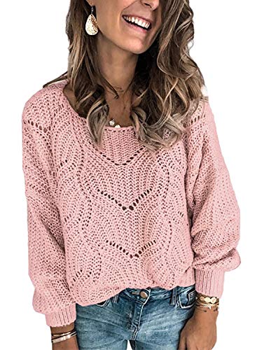 Dokotoo Womens Cute Soft Crewneck Long Sleeve Hollow Cable Knit Pullover Sweaters