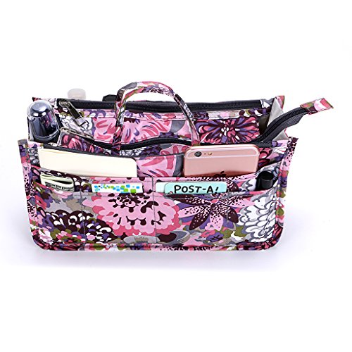 BTSKY New Printing Handbag Organizers Inside Purse Insert-High Capacity 13 Pockets Bag Tote Organizer with Handle Peacock Flower