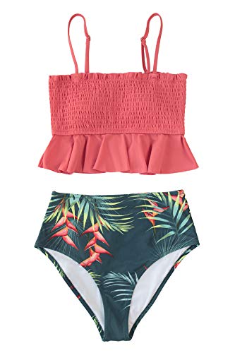 CUPSHE Women's High Waist Bikini Swimsuit Ruffle Smock Floral Print Two Piece Bathing Suit
