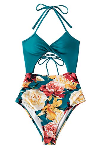 CUPSHE Women's Black Floral Print Halter Cutout High Waist One Piece Swimsuit