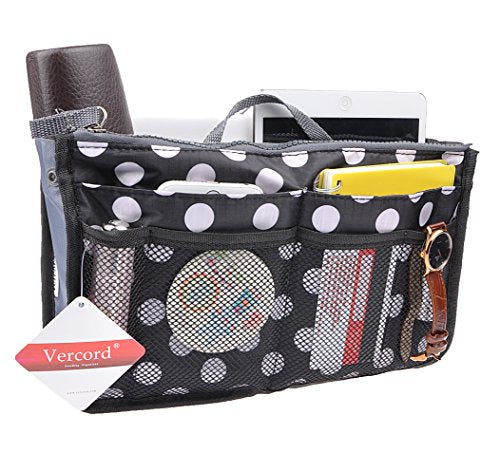 Vercord Purse Organizer Insert for Handbags Bag Organizers Inside Tote Pocketbook Women Nurse Nylon 13 Pockets Black Medium