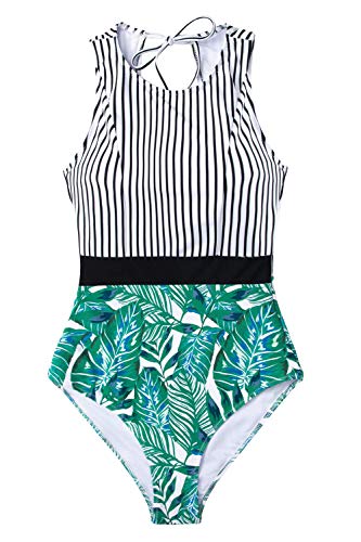 CUPSHE Women's Striped Leafy One Piece Swimsuit