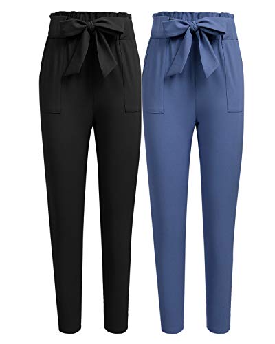 Freeprance Women's Pants Casual Trouser Paper Bag Pants Elastic Waist Slim Pockets