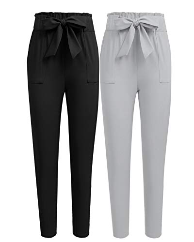 Freeprance Women's Pants Casual Trouser Paper Bag Pants Elastic Waist Slim Pockets