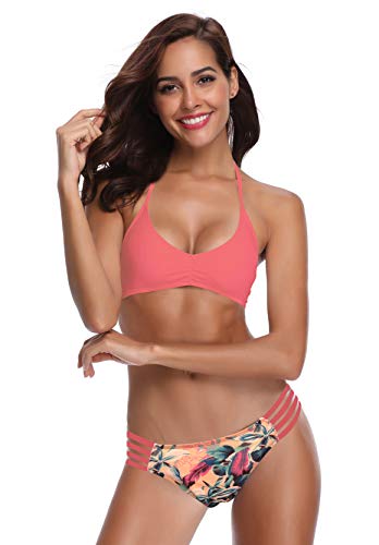 SHEKINI Women's Floral Printing Cutout Strappy Halter Swimsuits Bikini Suits