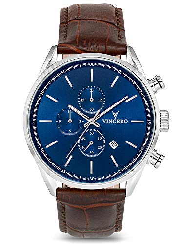 Vincero Luxury Men's Chrono S Wrist Watch - Top Grain Italian Leather Watch Band - 43mm Chronograph Watch - Japanese Quartz Movement…
