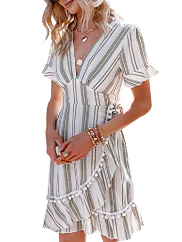 Simplee Women Sexy Deep V-Neck Short Sleeve Striped Print Mini A Line Dress
