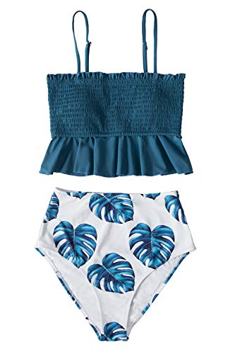 CUPSHE Women's High Waist Bikini Swimsuit Ruffle Smock Floral Print Two Piece Bathing Suit