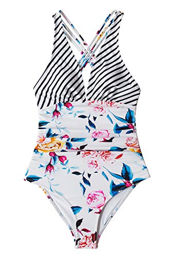 CUPSHE Women's One Piece Swimsuit V Neck Tummy Control Cross Back Vintage Swimwear Bathing Suits
