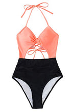 
                        
                          Load image into Gallery viewer, CUPSHE Women's Black Floral Print Halter Cutout High Waist One Piece Swimsuit
                        
                      