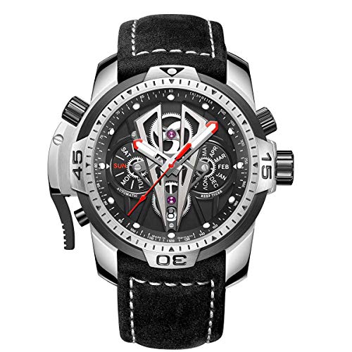 Reef Tiger Mens Sport Mechanical Watches with Steel Black Dial Automatic Watch Calfskin Leather Strap RGA3591