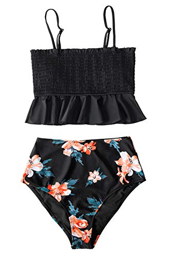 CUPSHE Women's High Waist Bikini Swimsuit Ruffle Smock Floral Print Two Piece Bathing Suit