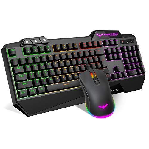 havit Keyboard Rainbow Backlit Wired Gaming Keyboard Mouse Combo, LED 104 Keys USB Ergonomic Wrist Rest Keyboard, 4800 DPI Mouse for PC Gamer (White) - JOY2ESpree